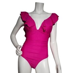 J.Crew Ruffle V-Neck Ruched One-Piece Swimsuit Pink Sz 12